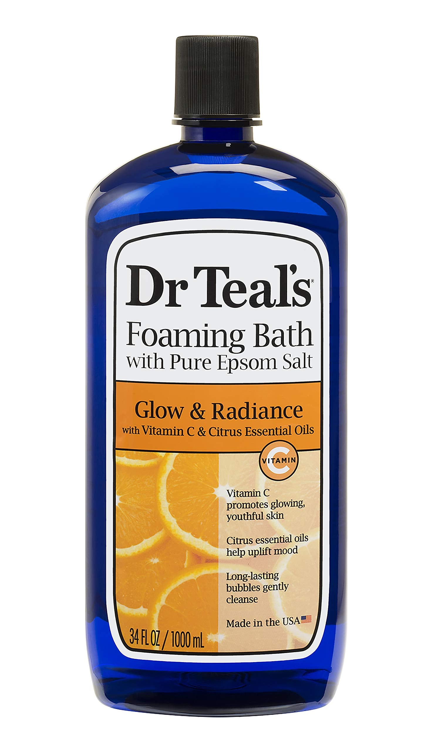 Dr. Teal's Vitamin C & Citrus Foam Bath (1 Bottle, 34oz) - Glow & Radiance Vitamin C & Citrus Blended with Pure Epsom Salt - Essential Oils Relax & Soothe The Body at Home, Relieve Stress